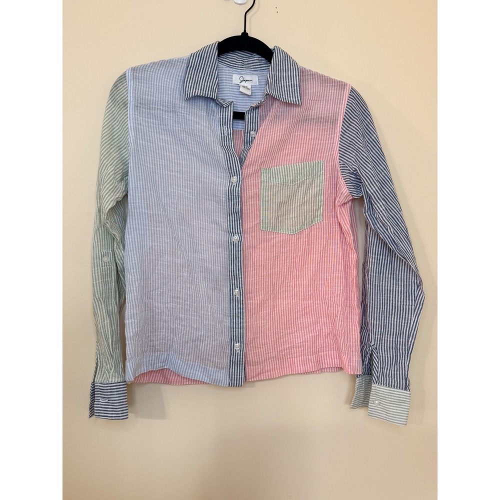 Japna Womens XS Colorblock Striped Button Down Shirt Cotton Long Sleeve Pastel
